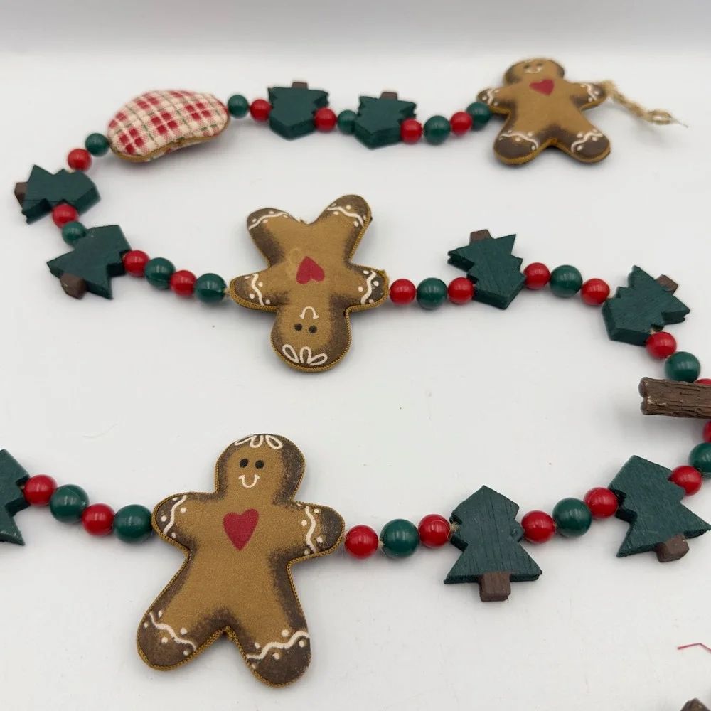 Primitive Christmas Gingerbread Man Wood‎ Tree Plaid Heart Garland 75